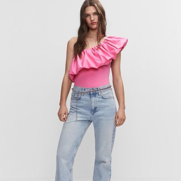 Mango pink asymmetric bodysuit with voluminous ruffle - Picture 2 of 8